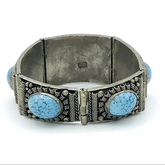 Antique Silver 925 and Blue Stone Cannetille Panel Bracelet c.1830s Cuff - Picture 5 of 14